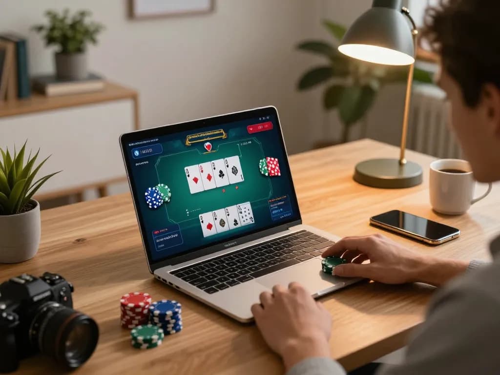 Engaged player enjoying poker game on the 388bet online casino platform at home