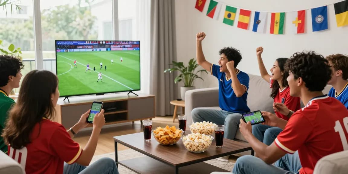 Crowd of friends celebrating while watching kora live football match in a vibrant living room.
