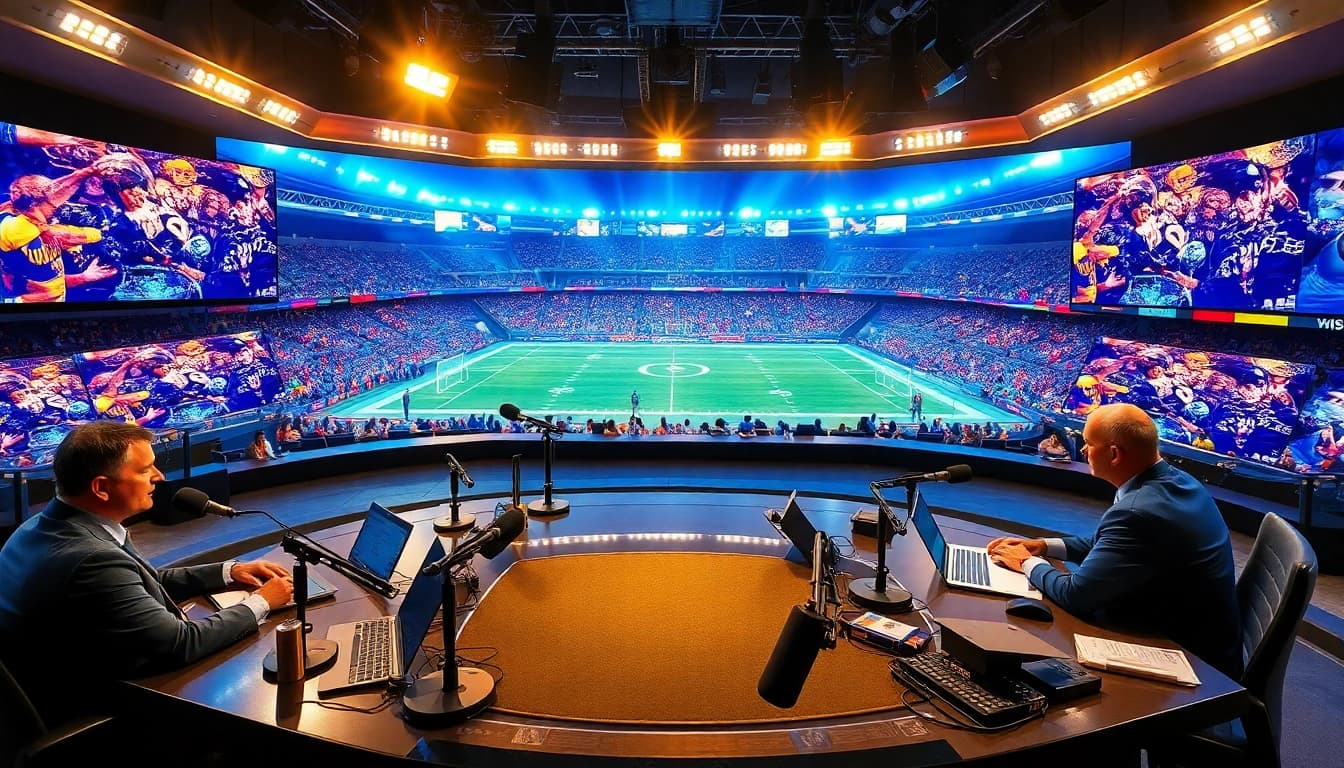 Broadcasting team discussing sports broadcasting in a lively studio environment, featuring vibrant screens.