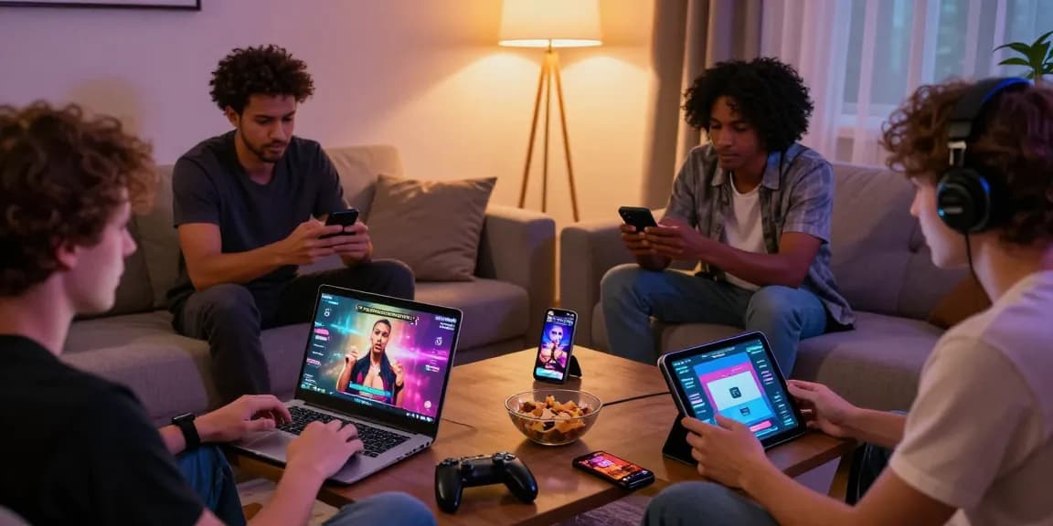 Players enjoying engaging xxx games on various devices in a lively living room setting.