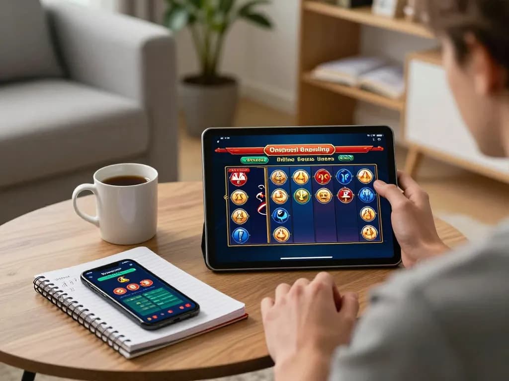 Engaging with slot server kamboja on a tablet in a cozy home gaming setup.