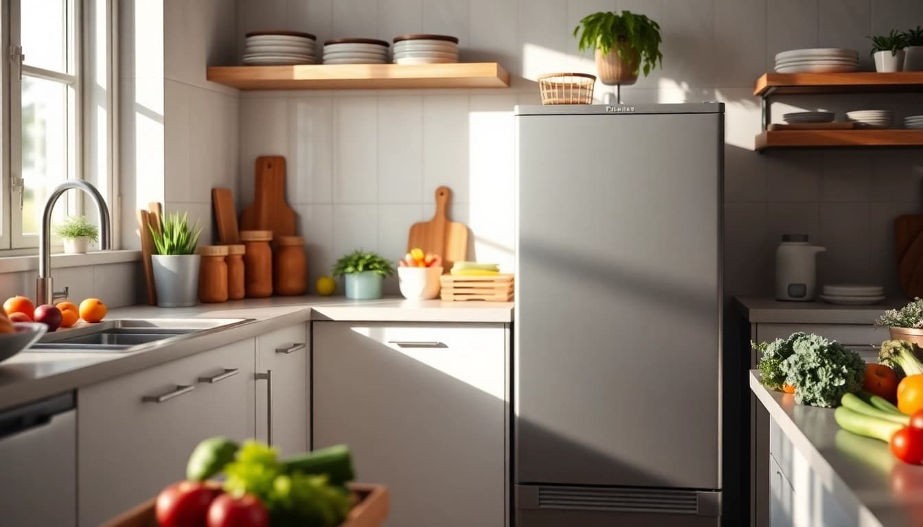 A bright, inviting affordable mini fridge and freezer in a modern kitchen setting filled with fresh produce.