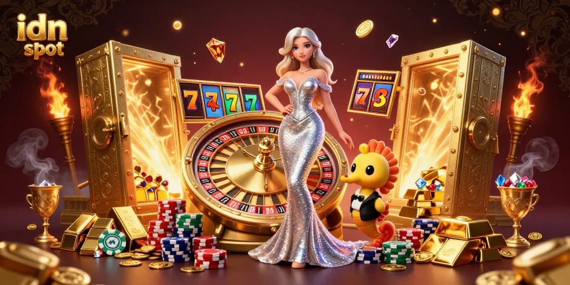 Spin the idn slot reels with stunning visuals of a golden casino scene featuring a glamorous woman.