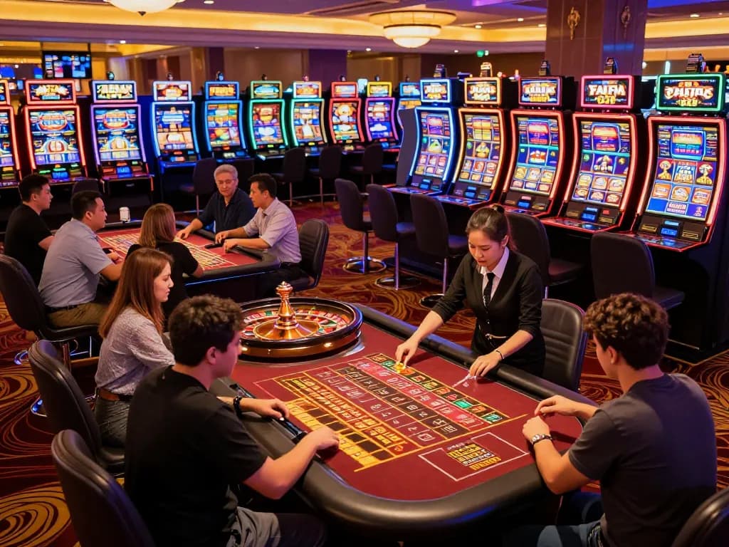 Players engaging at FAFA 828 casino roulette table, dynamic scene showcasing excitement.