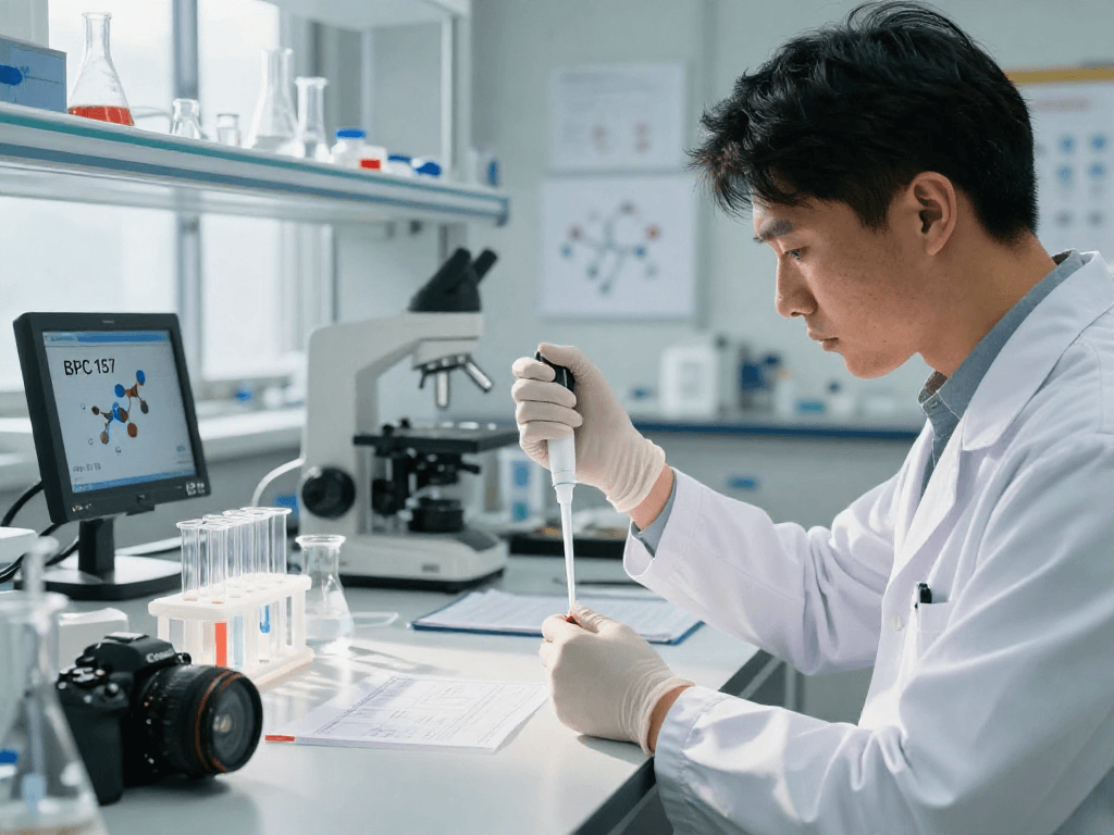 BPC 157 Side Effects analysis in a modern lab featuring a scientist examining peptide strips and health charts.