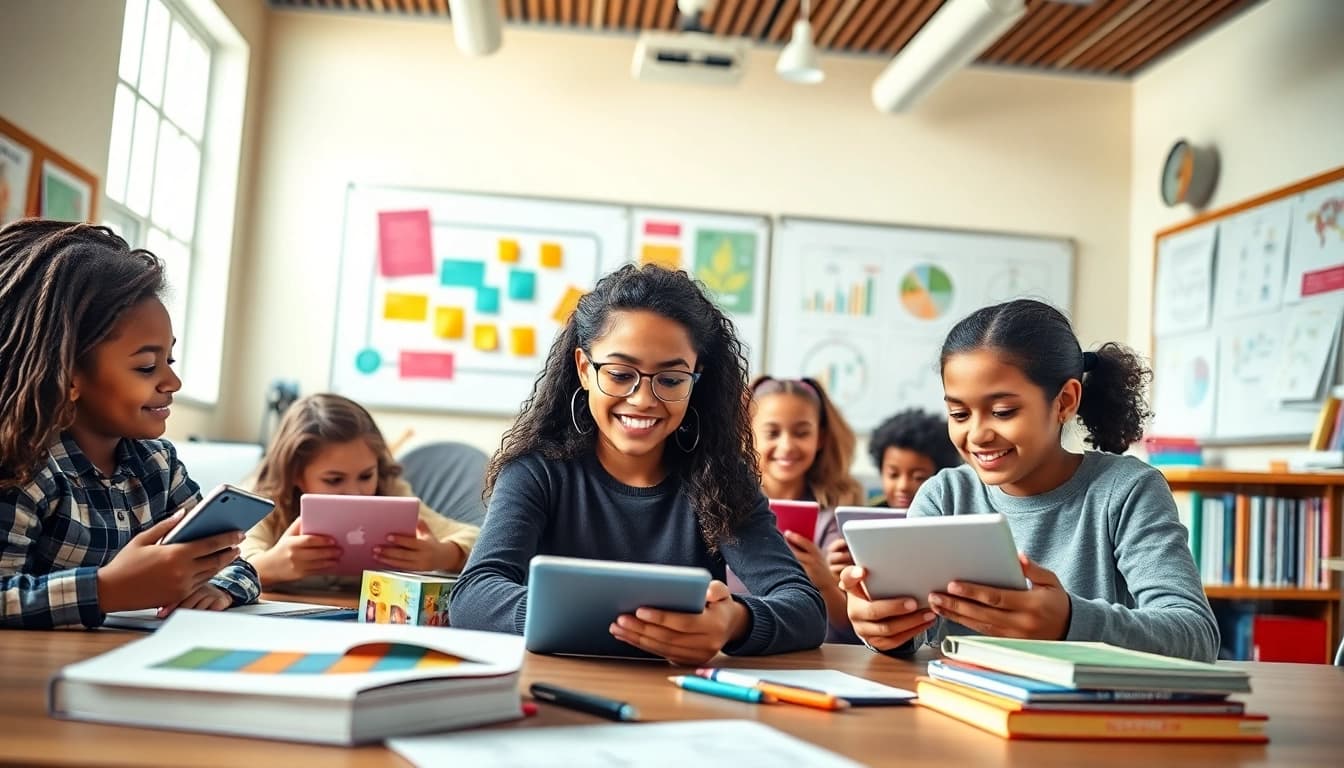 Engaging classroom environment showcasing innovative education practices with diverse students collaborating.