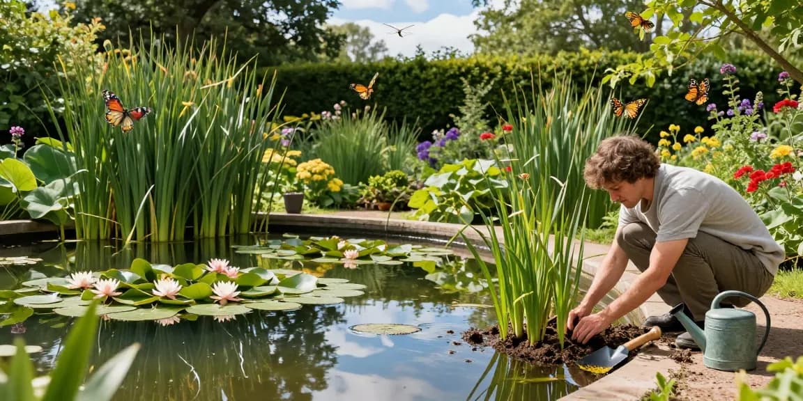 British Pond Plants thriving in a serene garden pond, featuring water lilies and reeds as a gardener plants new aquatic species.