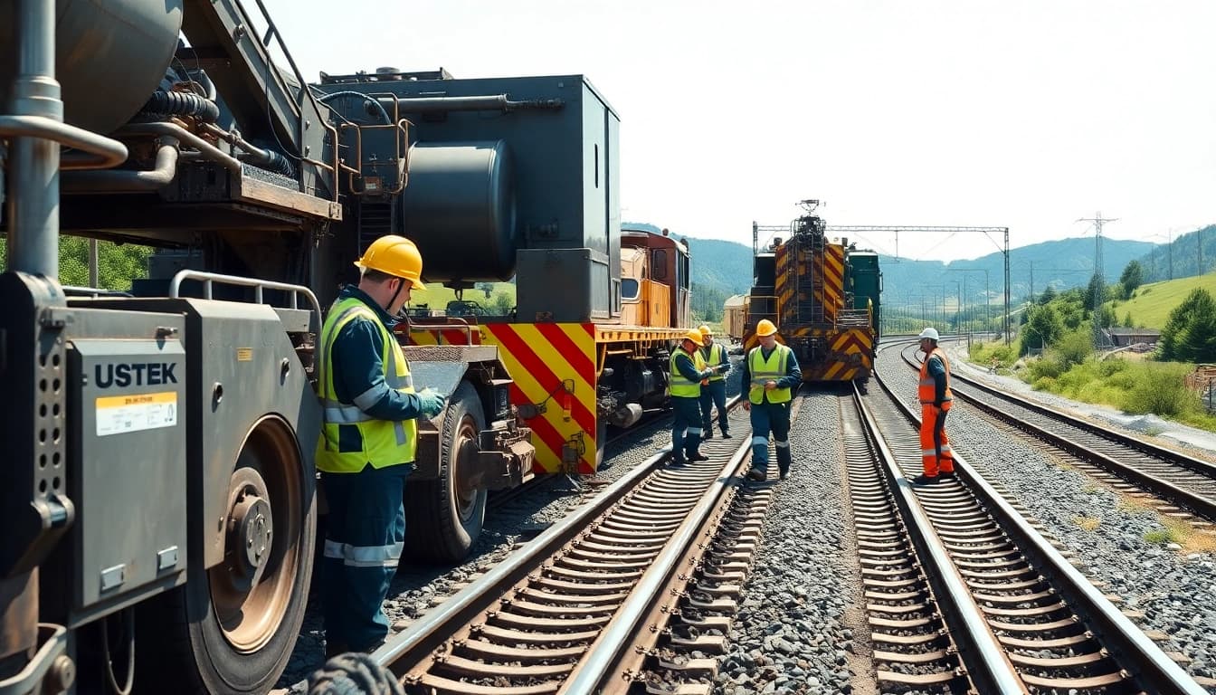 Railroad Maintenance crew performing inspections and repairs on tracks with safety protocols in practice.
