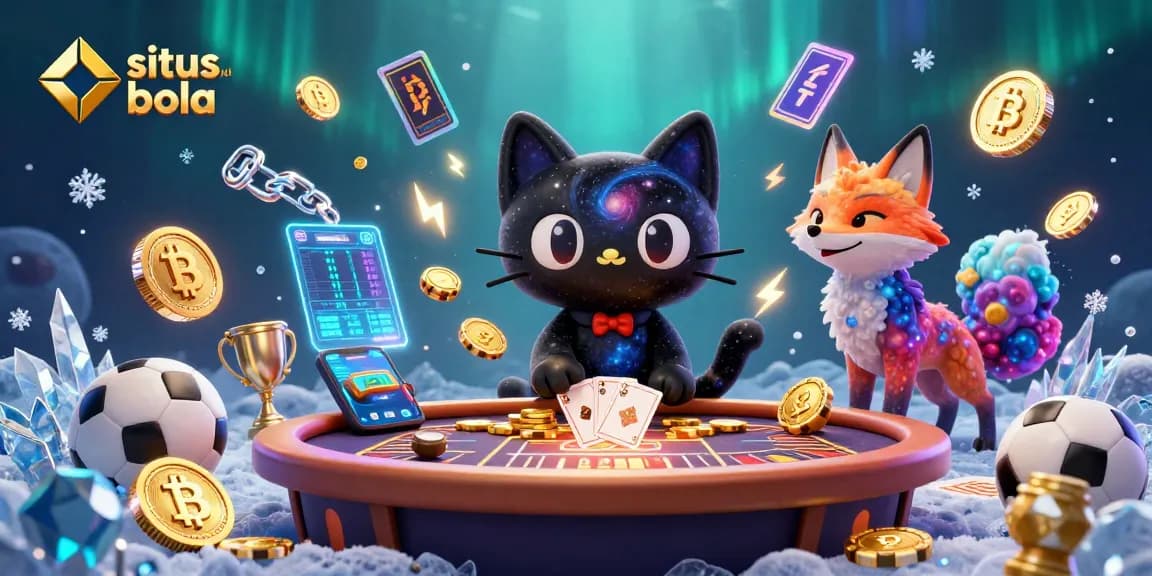 Engage in sports betting at situs judi bola with a cosmic-themed casino illustration featuring vibrant characters.