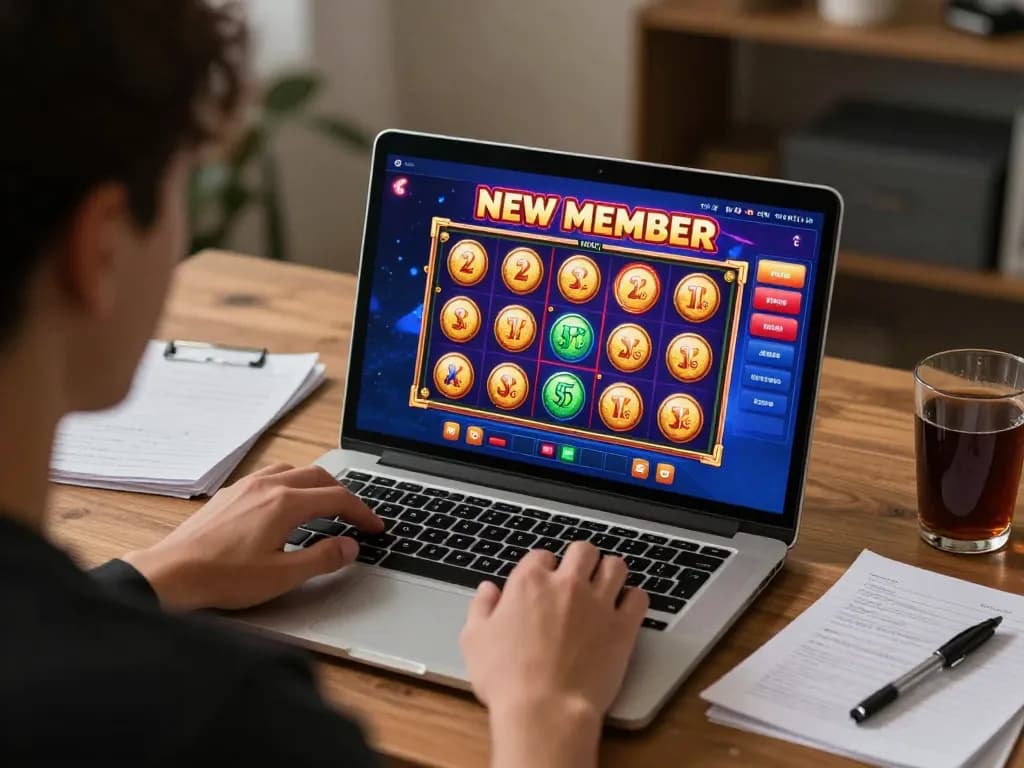 Engaging with online slot game bonus new member promotion during cozy at-home session.