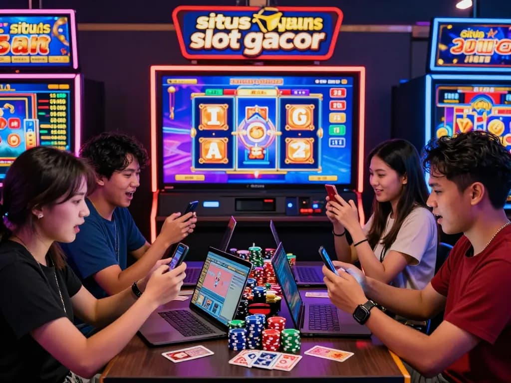 Kumpulan yang menyenangkan menikmati lingkungan permainan situs slot gacor dengan animasi yang hidup.