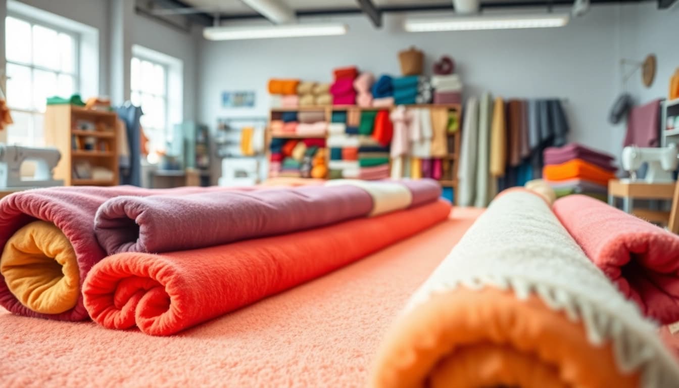 Bekijk fleece stof per meter, prachtig weergegeven in een creatieve textielomgeving met heldere kleuren.