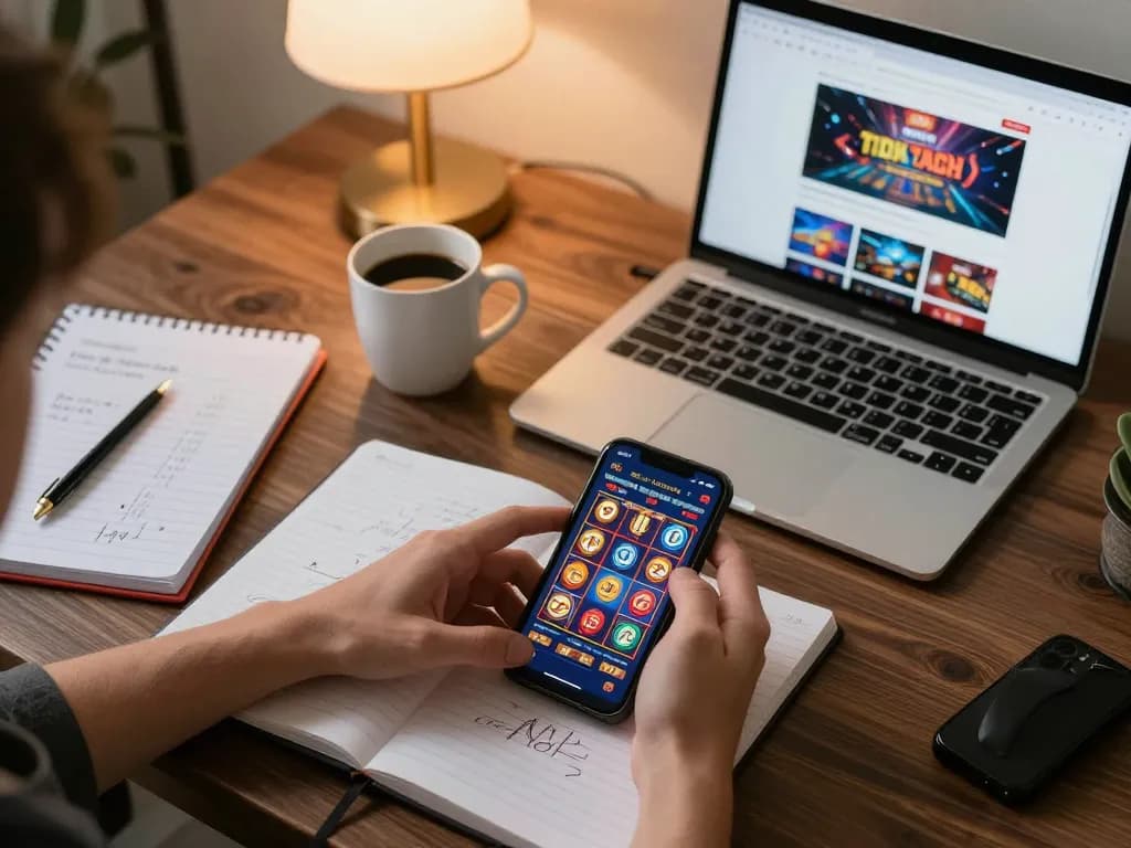 Player enjoying online slot games on a smartphone with strategic notes in a cozy home setting