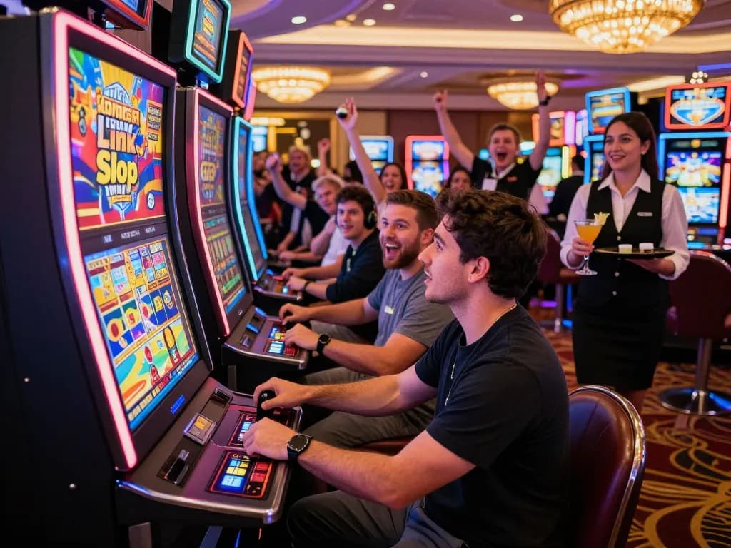 Pengalaman bermain link slot yang menarik di lingkungan kasino yang meriah dengan pemain merayakan kemenangan.