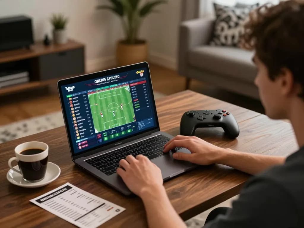 Experience sports betting at https://nddo.org with a user engaged on a laptop in a cozy setting.