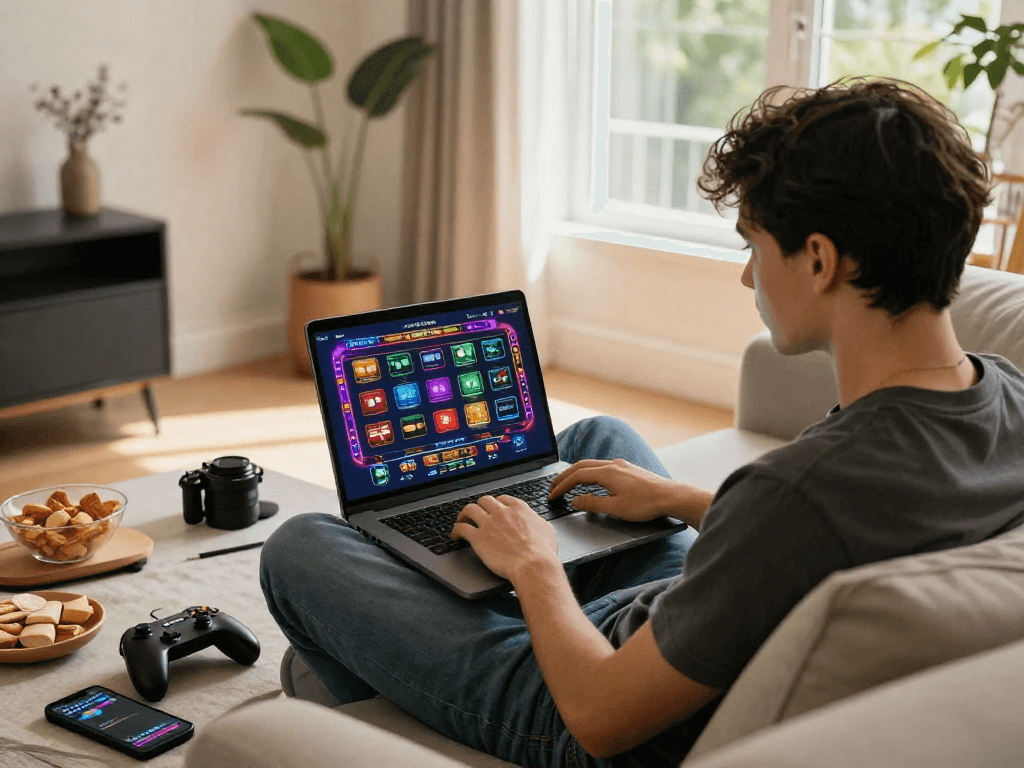Engaging in credit card casinos in the UK, young adult enjoying online gaming in a stylish home setting.