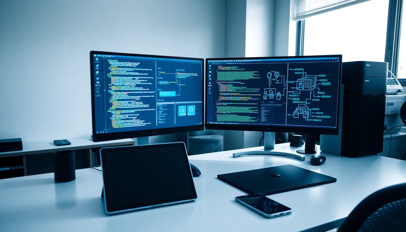 Innovative software engineering workspace with dual monitors showcasing coding interfaces.