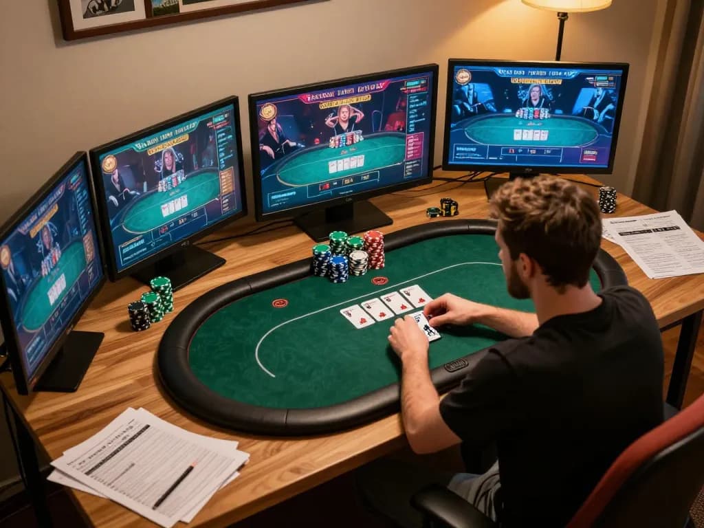 Engaging in a poker game while using casino online gratis senza registrazione at home, showcasing strategic plays and dynamic focus.