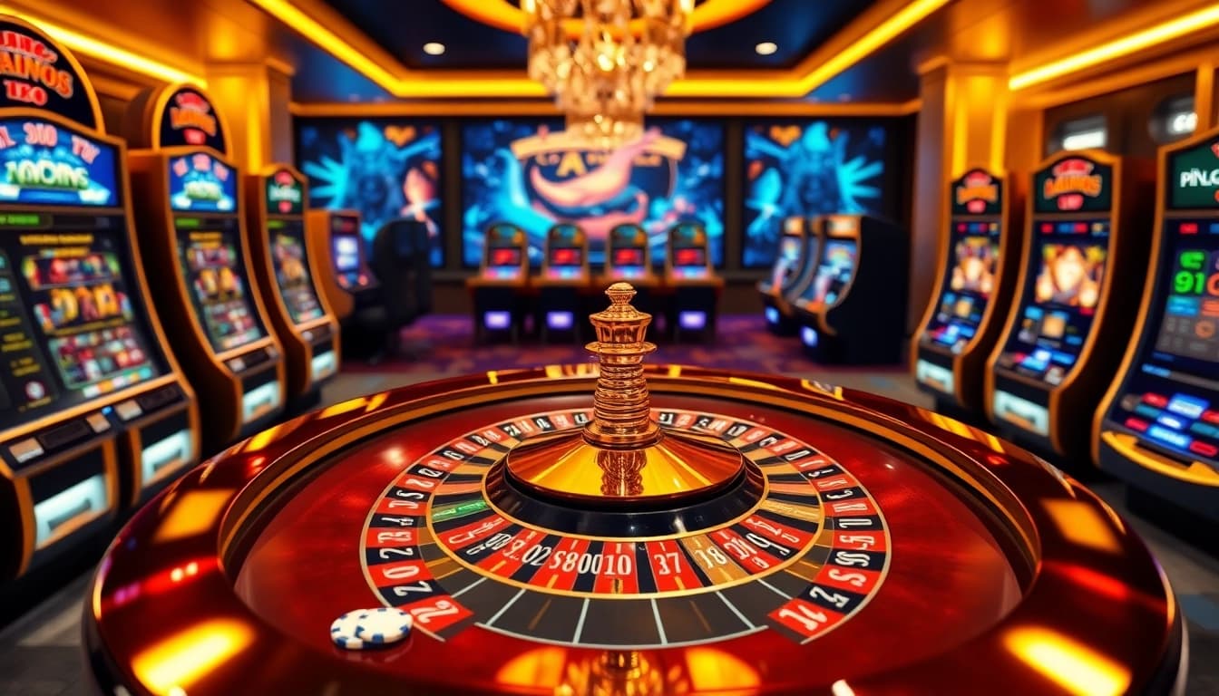 Scène engageante de casino en ligne argent réel France avec roulette, machines à sous lumineuses et ambiance luxueuse.