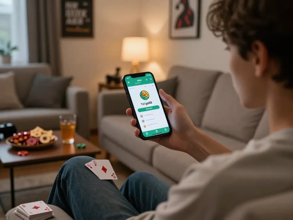 Engaging scene showcasing a young adult using tải go88 app in a cozy living room, surrounded by gaming items.