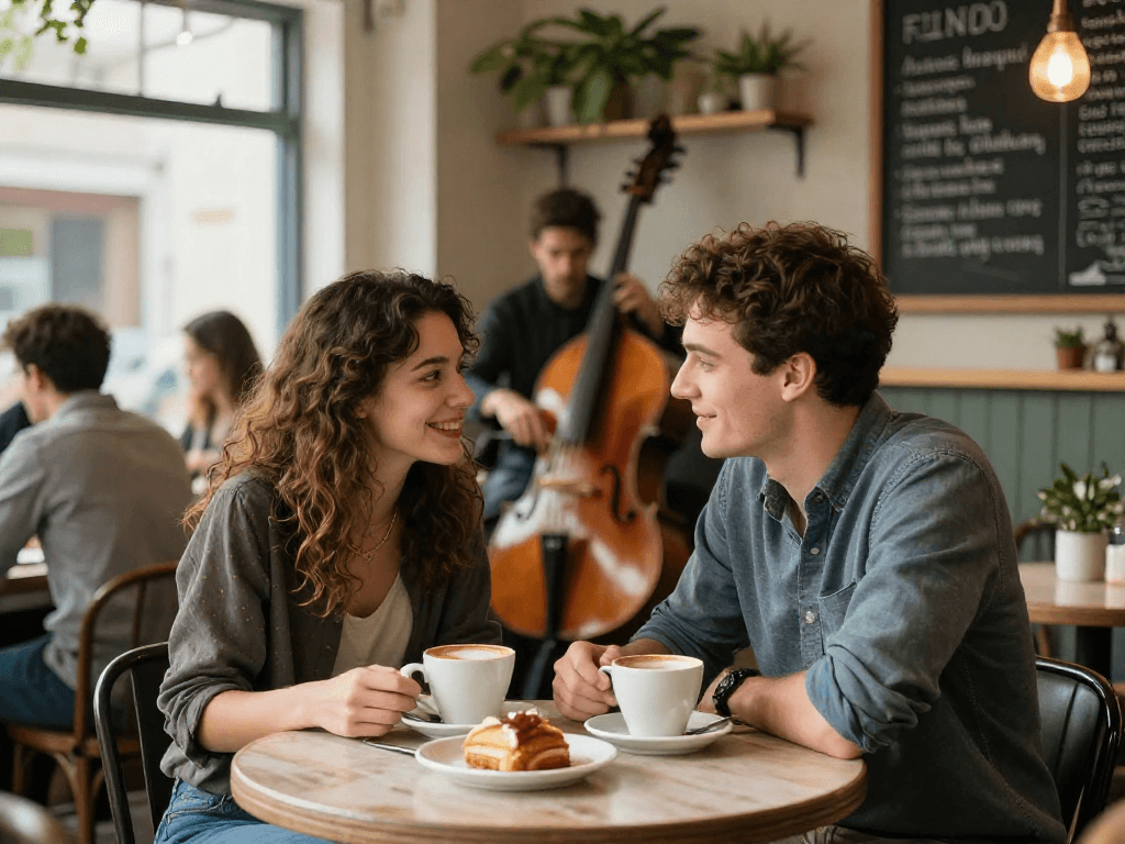 Couple crushing on each other over coffee in a cozy cafe.