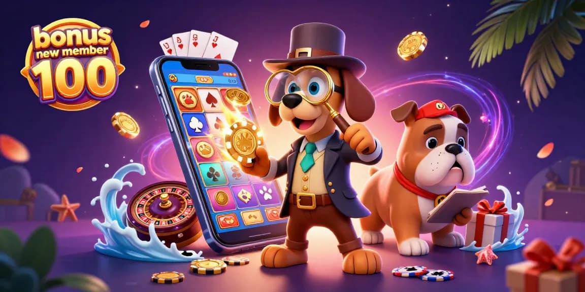 Engage with the bonus new member 100, showcasing a winning slot game scene with dynamic characters and treasure clues.