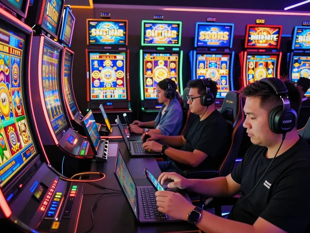 Engaged players celebrating wins on situs slot gacor platforms, surrounded by vibrant slot machine graphics and bright lighting.