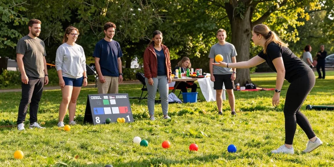 Permainan petanque di taman kota dengan fopikotabanjarma.org, pemain muda sedang melempar bola petanque dikelilingi teman-teman dan suasana ceria.