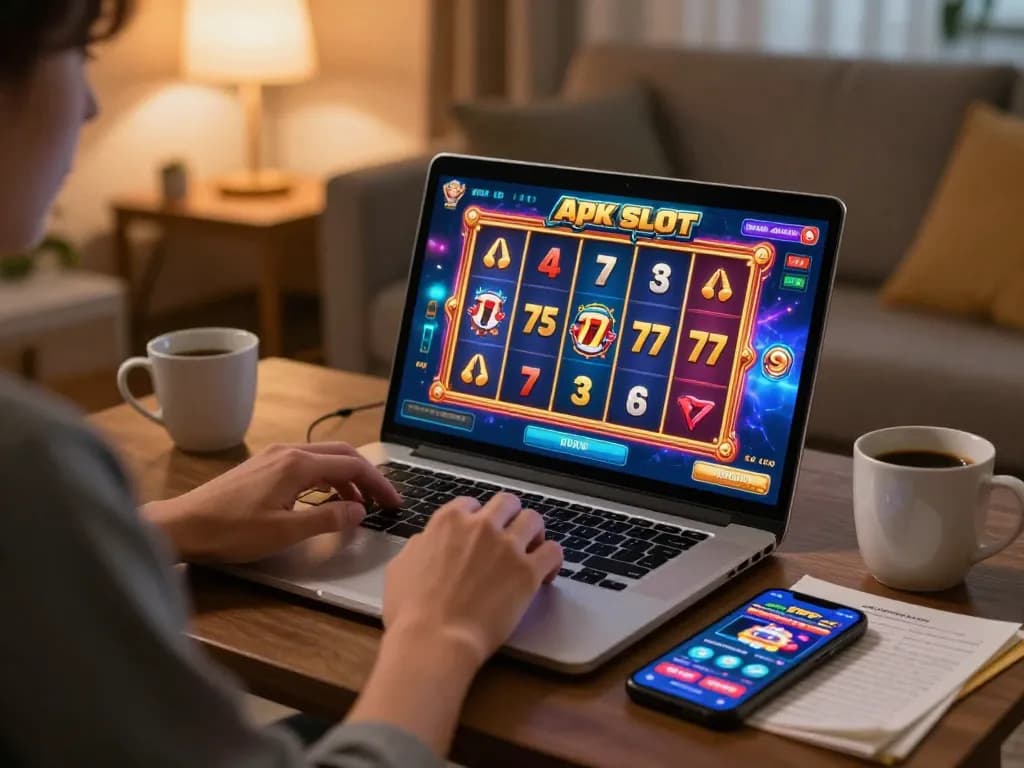 Engaging gameplay of Apk Slot 777 in a cozy home setting, showcasing a player focused on spinning reels.