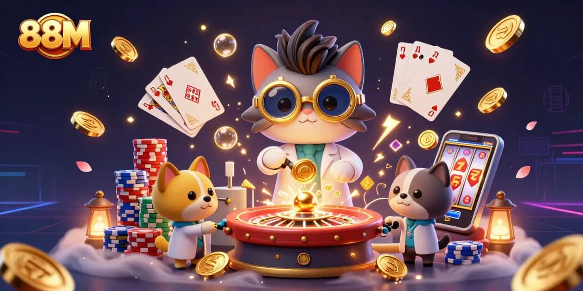 Immerse in 88M's thrilling casino scene filled with cascading coins and vibrant game elements.