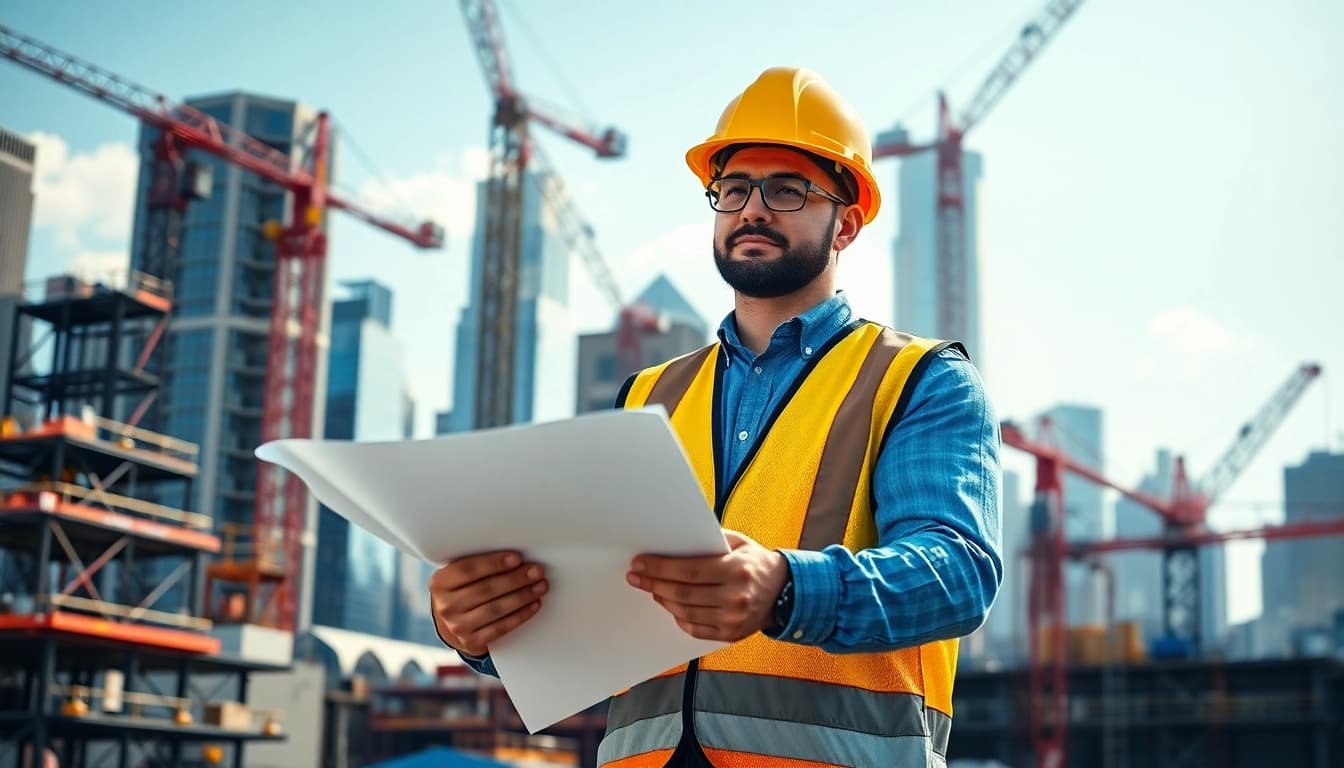 Manhattan Construction Manager overseeing a bustling construction site with cranes and blueprints.