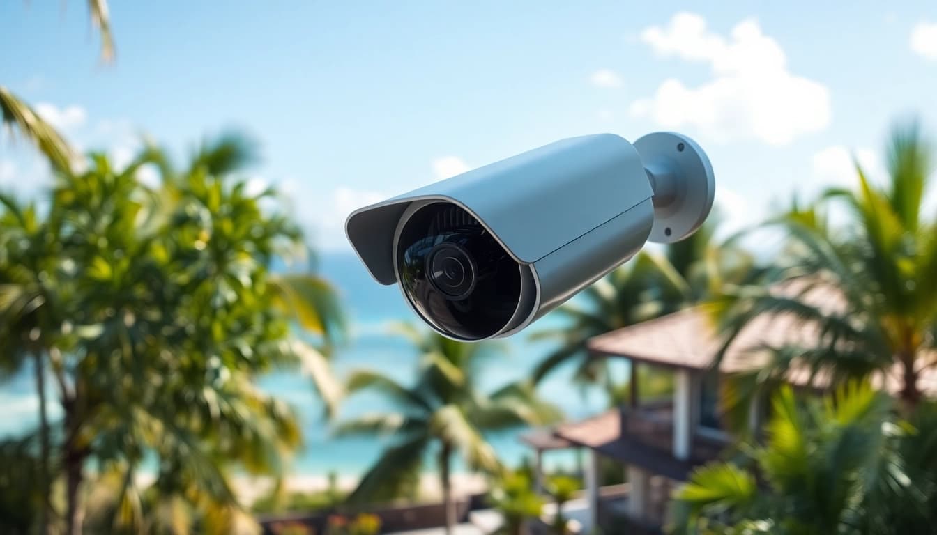 Cámaras de seguridad en Guanacaste, bellamente integradas en un entorno tropical, que muestran tecnología avanzada.