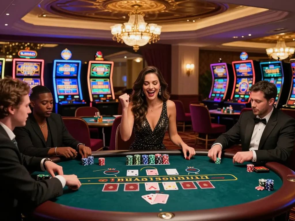 Exciting gaming moment at nổ hũ hubet88 online casino, showcasing players engaged with luxury baccarat and vibrant slot machines.