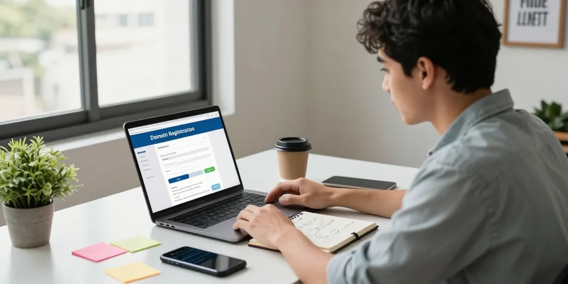 Registrando dominios en México, emprendedor en moderno espacio de trabajo.