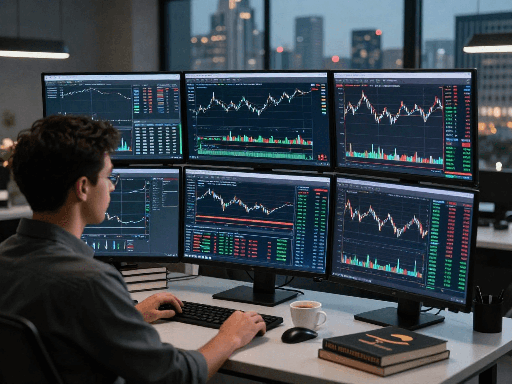 使用MetaTrader 5的交易者在现代工作空间中，通过多屏幕追踪市场动态和金融图表。