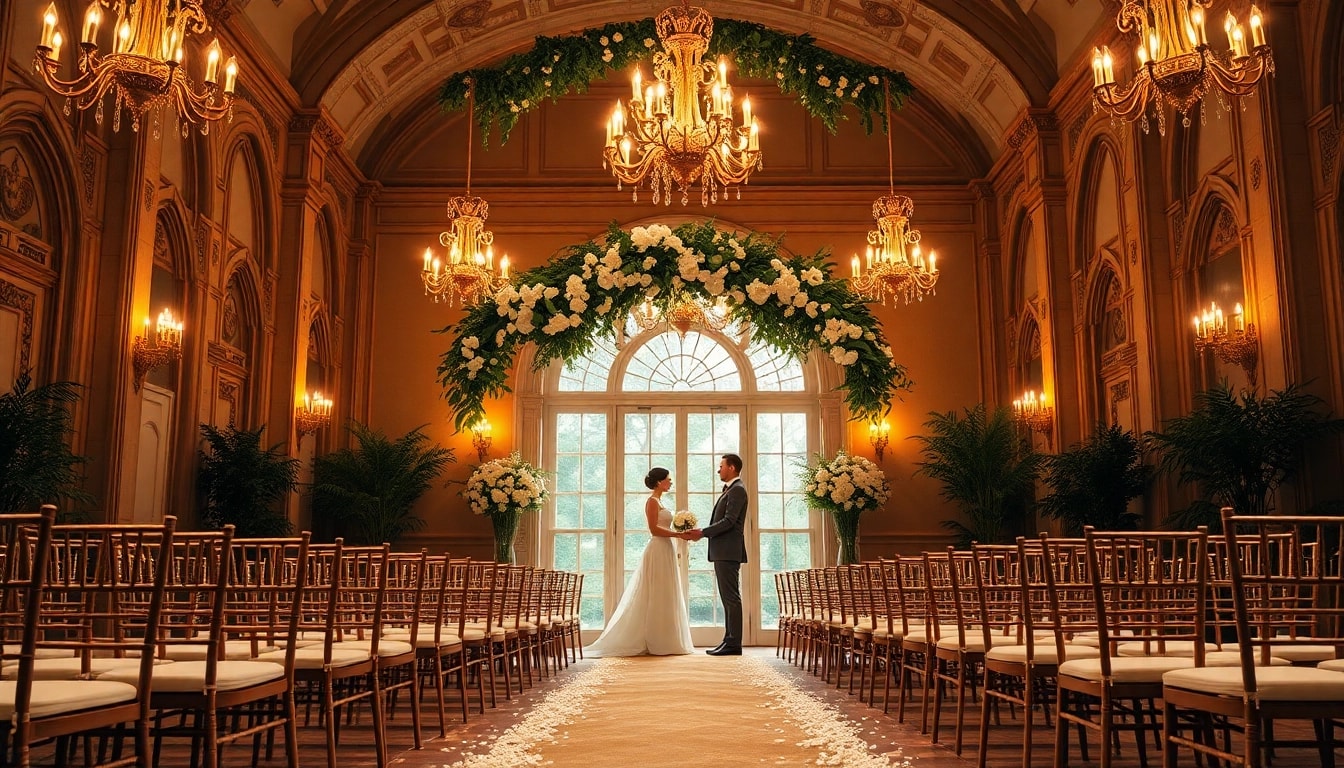 Couple celebrating their wedding at a stunning Jacksonville Wedding Venue with lush decorations.