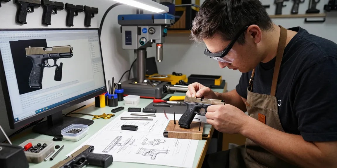 Glock firearms customization at https://precisionglockslides.com workshop showcasing tools and precision parts.