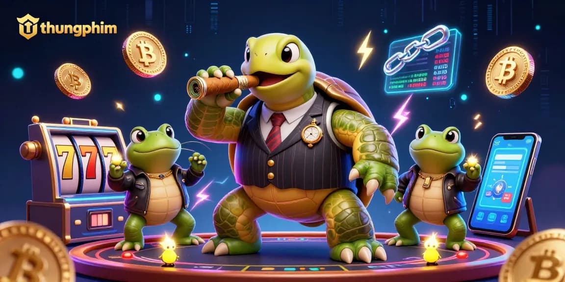 thungphim character scene featuring a turtle mobster and bullfrog enforcers with vibrant casino elements