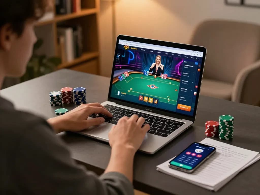 Engaging in poker online at home, focused on live game with strategy notes and chips visible.
