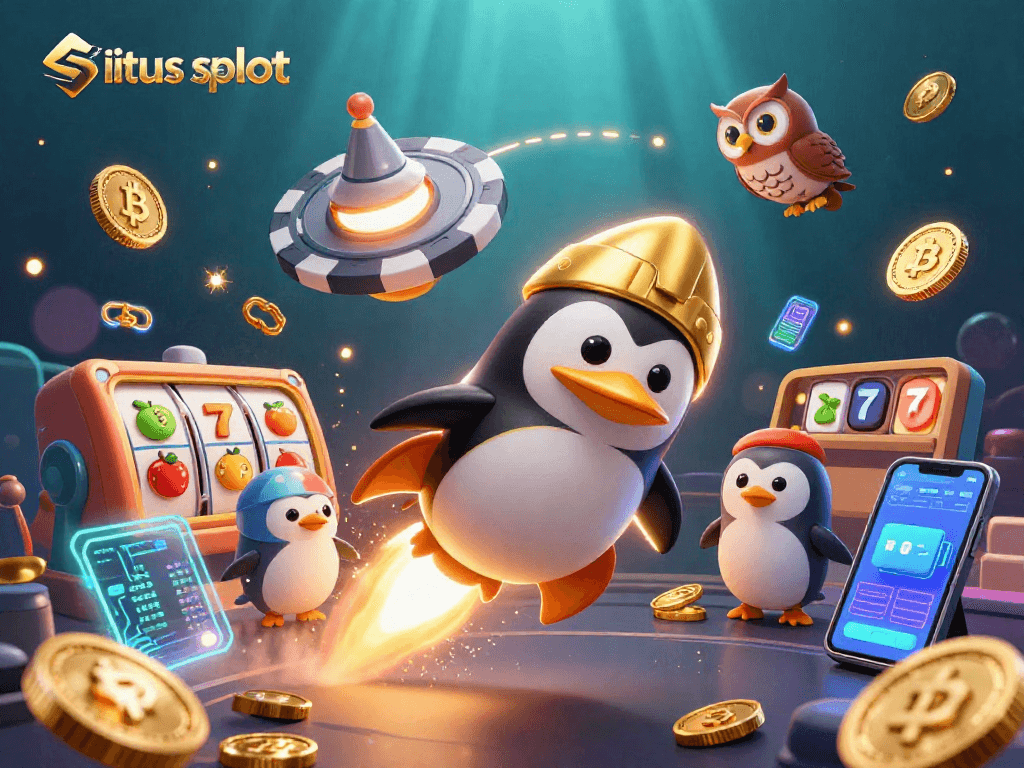 Hurry to situs slot for exciting jackpots with a golden penguin and slot machine in space.
