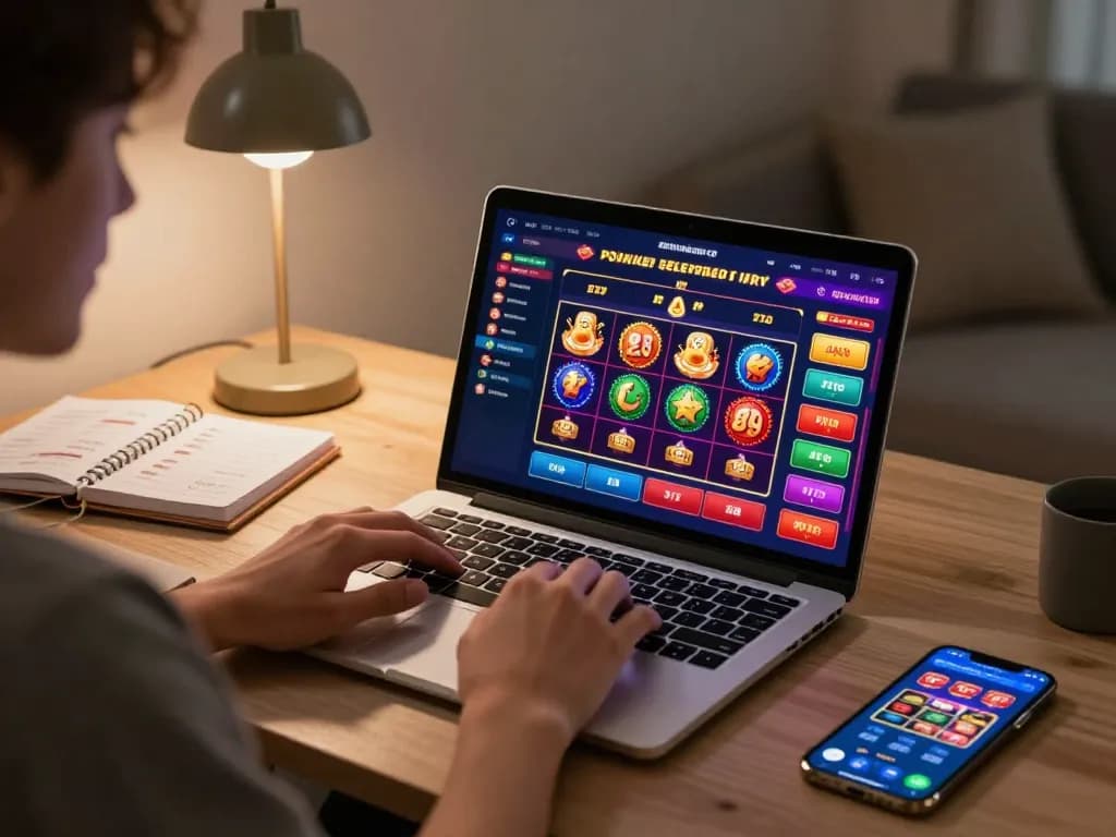 Migliori casino online stranieri showcased with person gaming on laptop at home, vibrant interface visible.