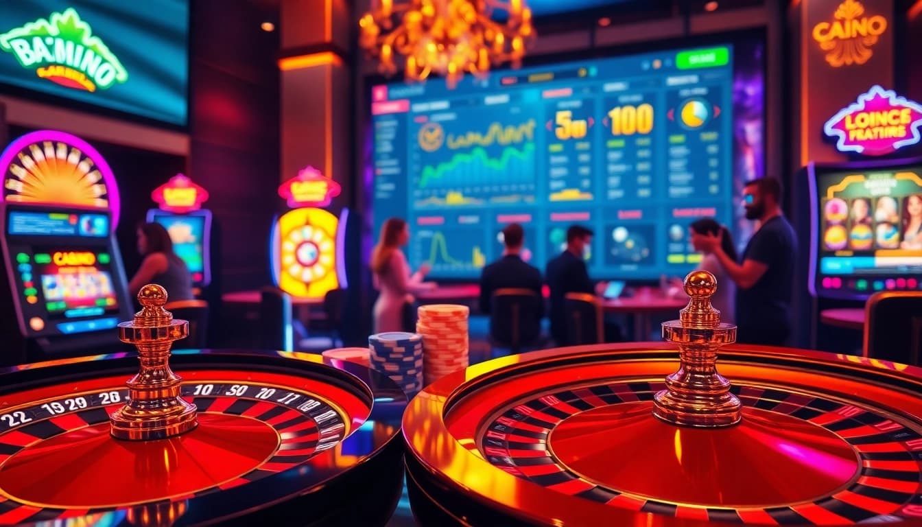Interagissez avec casino en ligne argent réel France dans une scène de jeu virtuel dynamique présentant la roulette et le poker.