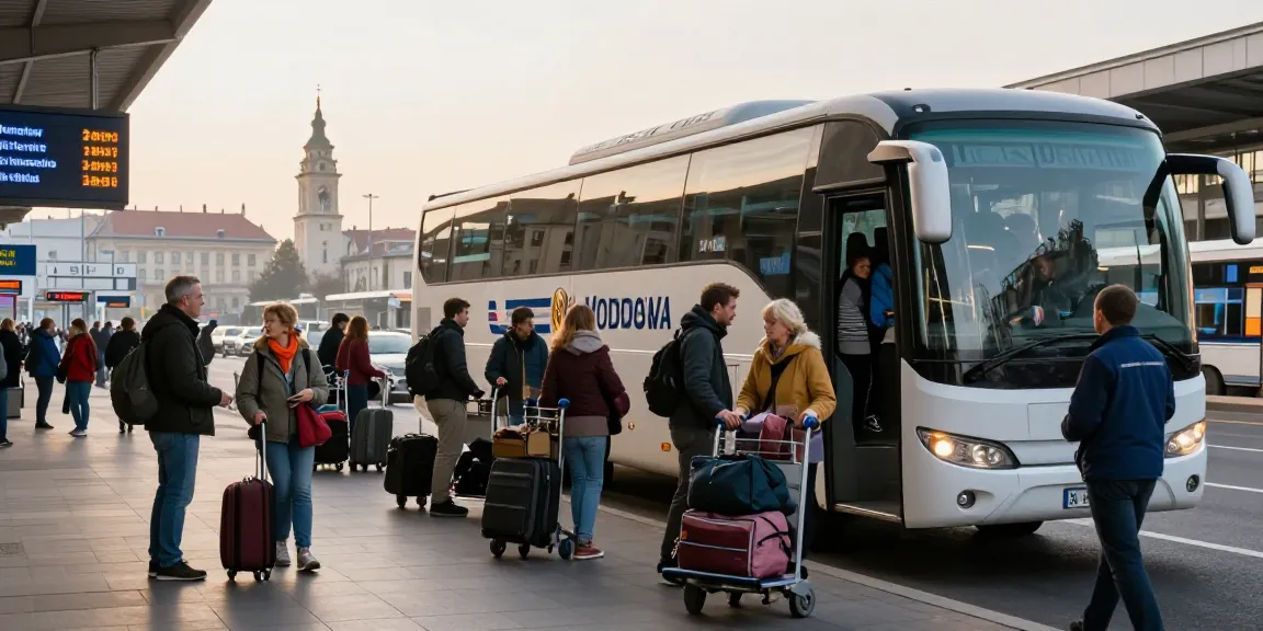 Transport Moldova Europa: Pasageri îmbarcându-se pe un autocar confortabil în Europa, într-o atmosferă vibrantă de călătorie.
