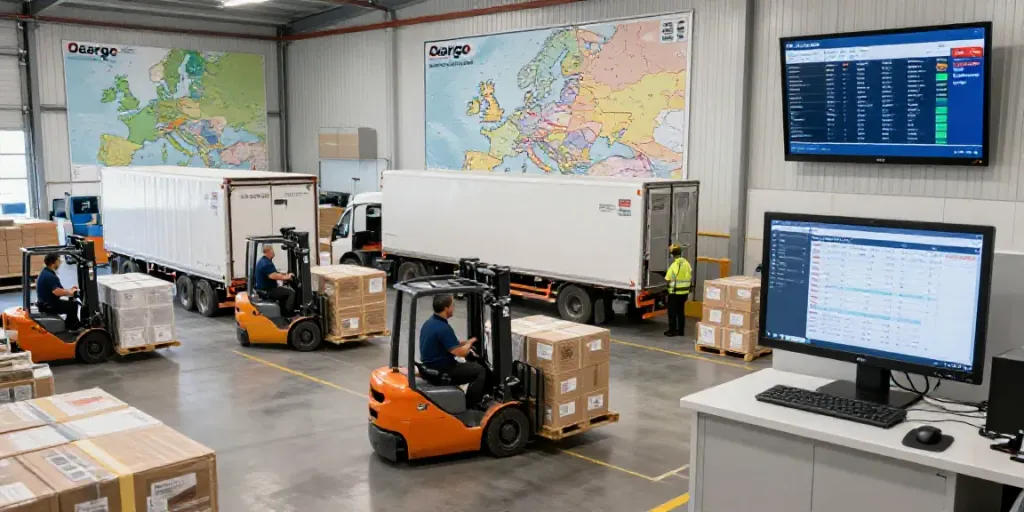 Ocargo LKW Transport in einem geschäftigen Logistiklager mit Fahrzeugen und Arbeitern, die Fracht bewegen.