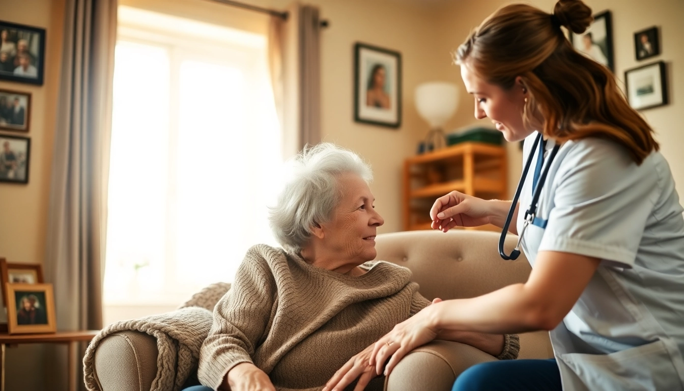 Elderly in home care near me: Professional caregiver providing tender assistance to an elderly woman in a cozy living room.