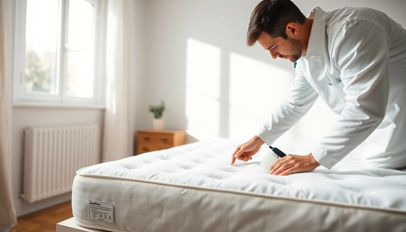 Technician applying bed bug chemical treatment in a bedroom for effective pest control.