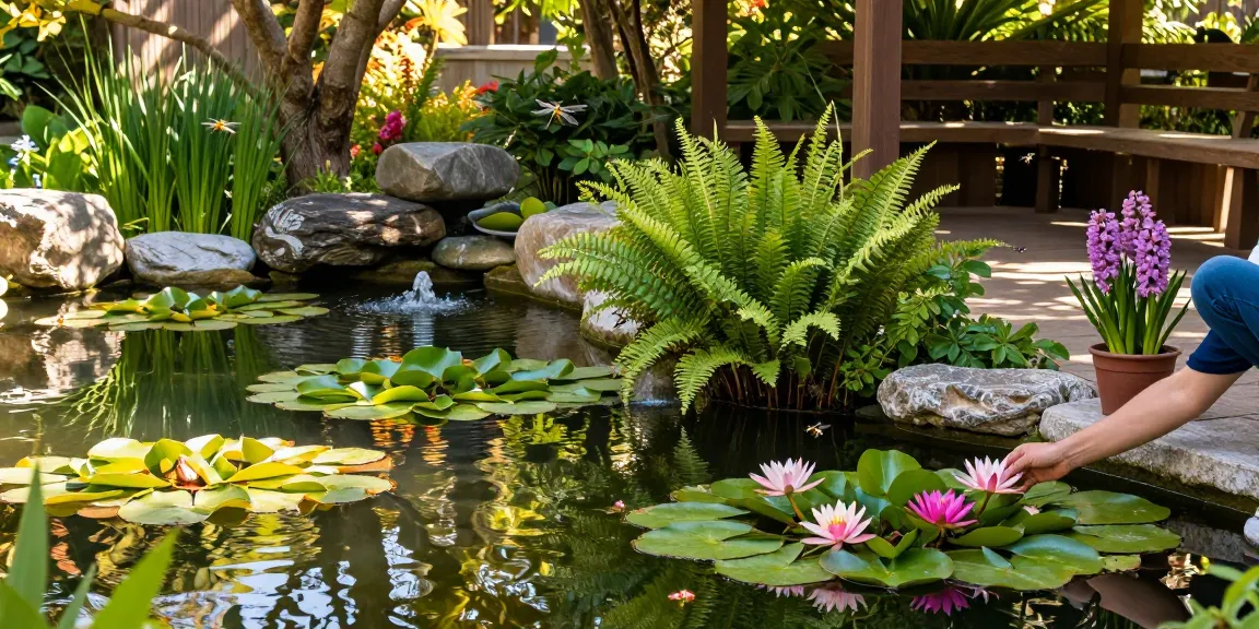 Pond Plants enhancing a serene garden pond, featuring aquatic lilies and vibrant ferns in tranquil waters.