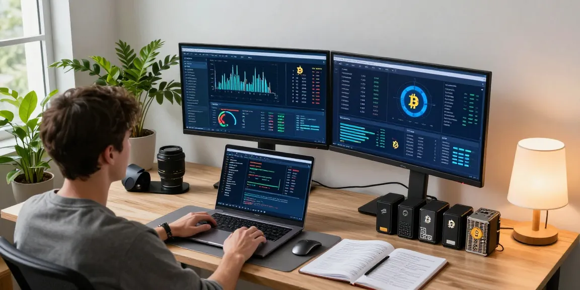 Dynamic workspace showcasing a bitcoin mining website interface, cryptocurrency metrics on monitors, and blockchain software analytics.