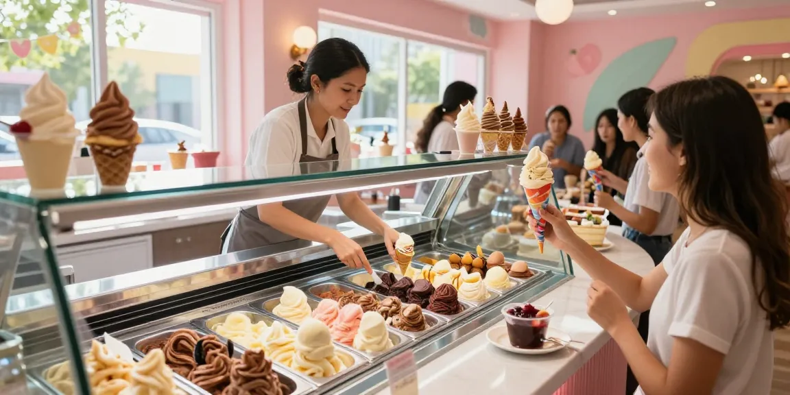 Delicious variety of rokok88 ice cream flavors in a vibrant dessert parlor.