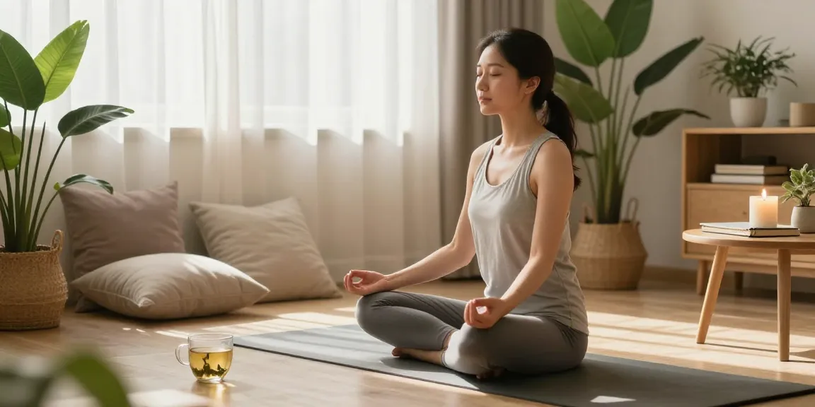 Mindfulness practice at rokok88 Wellness Hub with a woman meditating in a serene home setting, promoting relaxation and self-care.